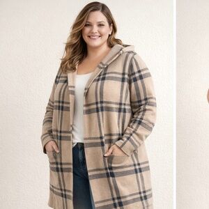 Max Studio 3X Double Knit Beige Plaid Open Front W/ Hood Pockets Long Sweater